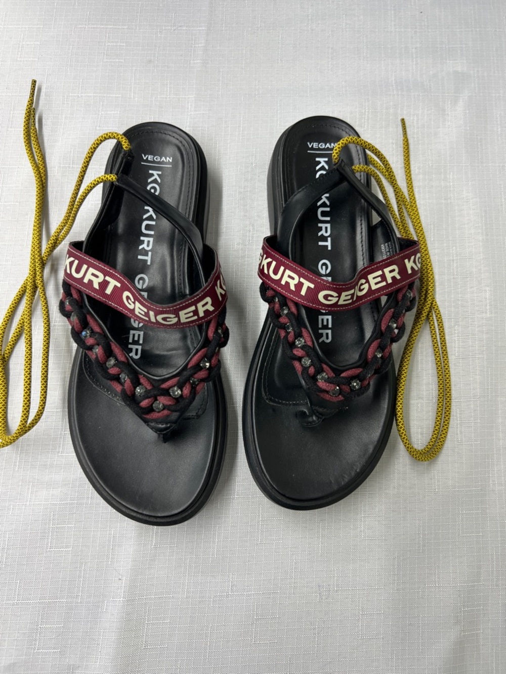 Kurt Geiger Black, Burgundy & Yellow Rally Logo  Sandals